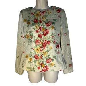 Adrianna Papell Cream/Green with Red Floral Blouse with Mandarin Collar
